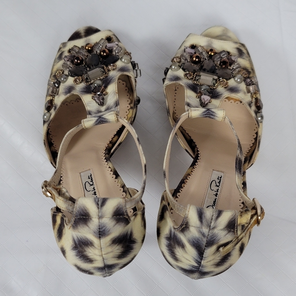 Oscar De La Renta Crystal Embellished Animal Print Platform Sandals 40 - Picture 3 of 14
